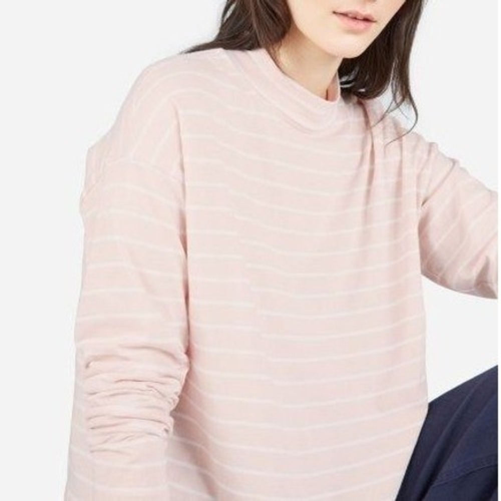 Everlane Medium Pink White Stripe Mock Neck Lightweight Long Sleeve Top